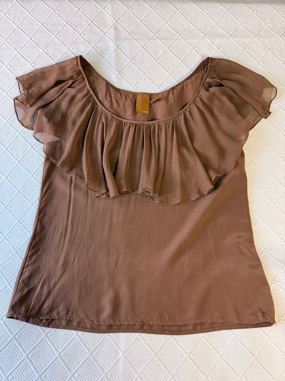 Silk Brown Ruffle Blouse Size 8 Fairy Indie Flowy Romantic Off-Shoulder Luxury